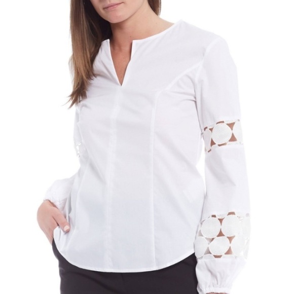 Donna Karan Eyelet Long Sleeve Blouse in White - Picture 5 of 9